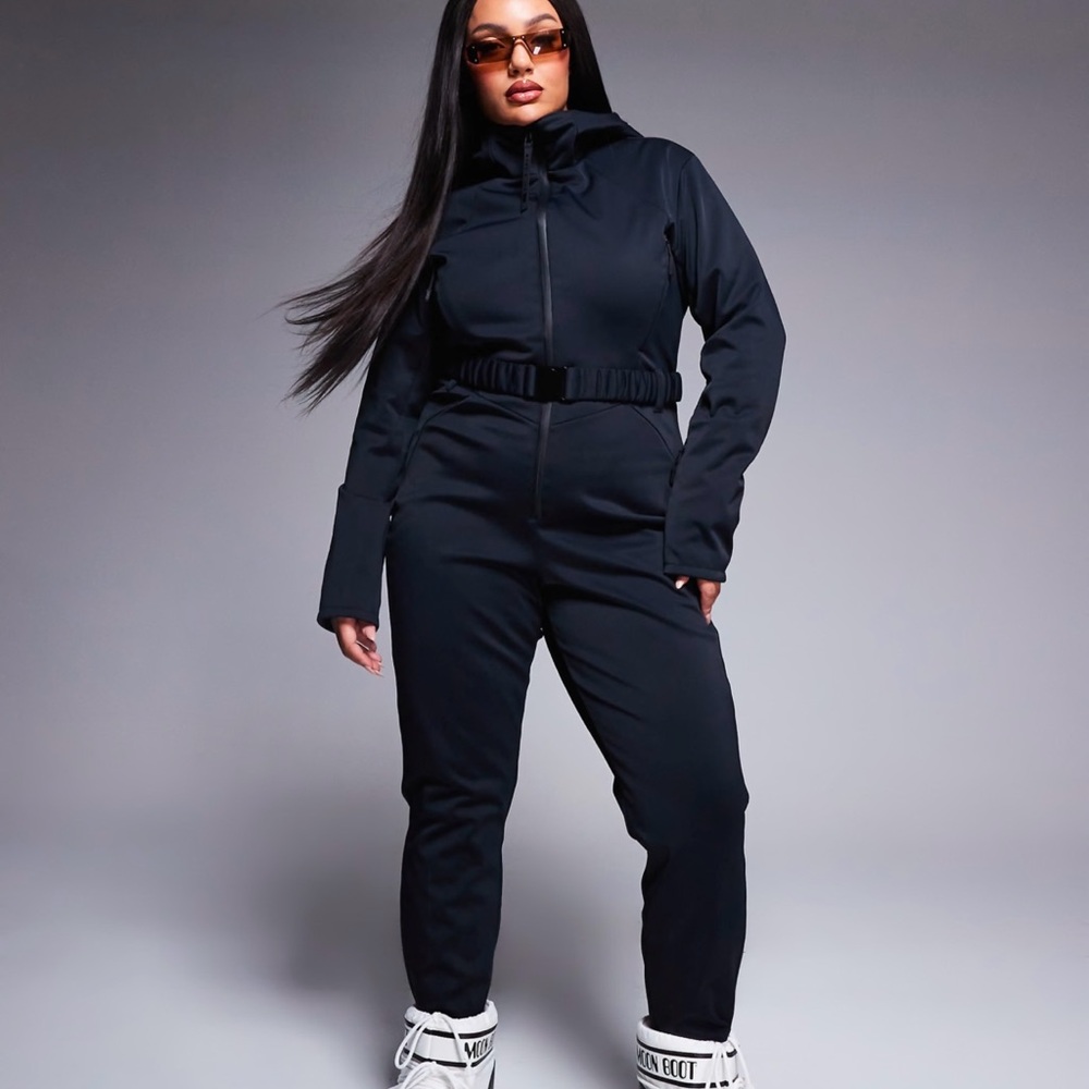 ASOS 4505 Curve belted ski suit with skinny leg and hood in black